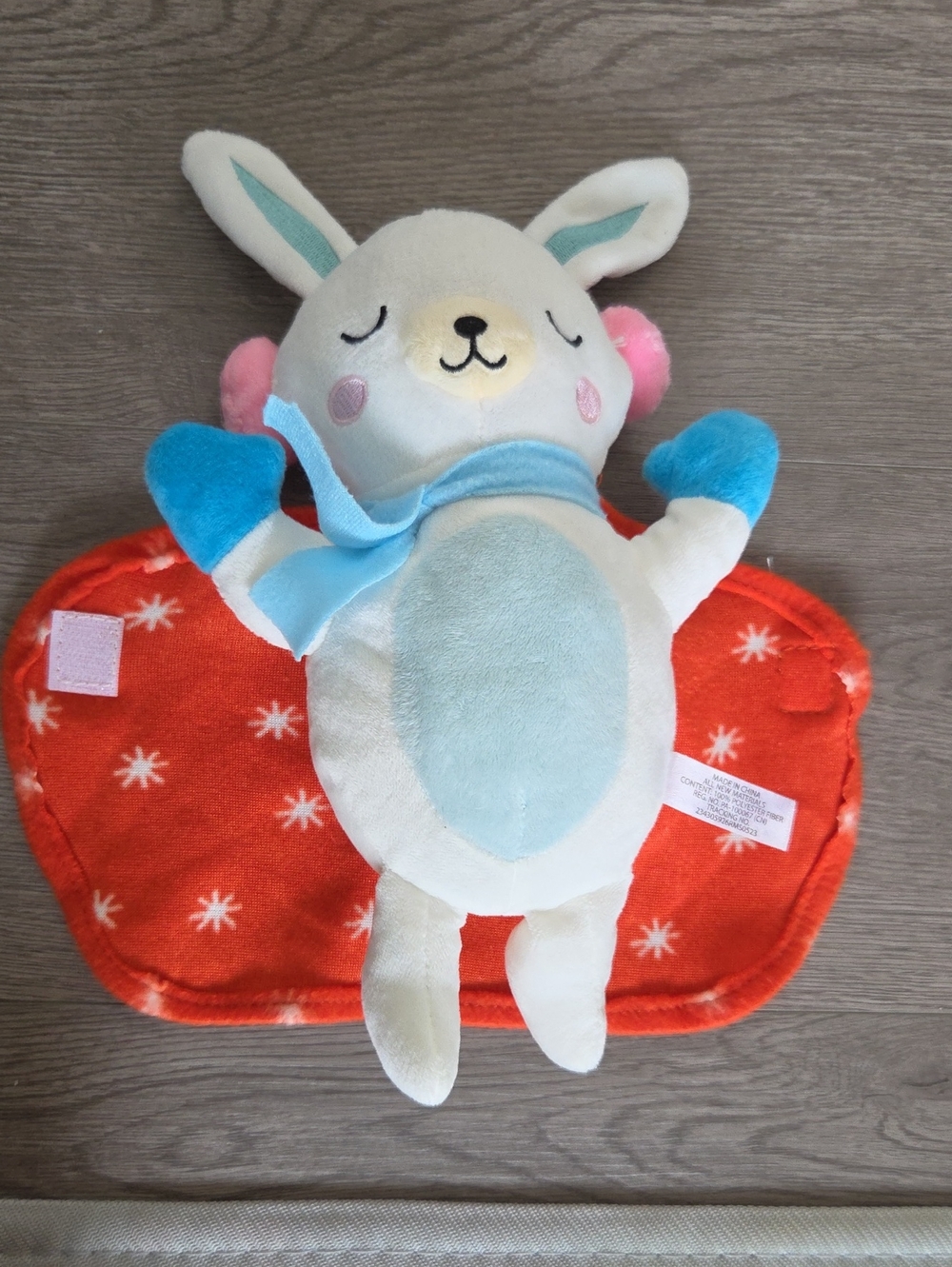 Plush Bunny Comforter Toy in White, Blue and Pink - Soft Snuggle Buddy